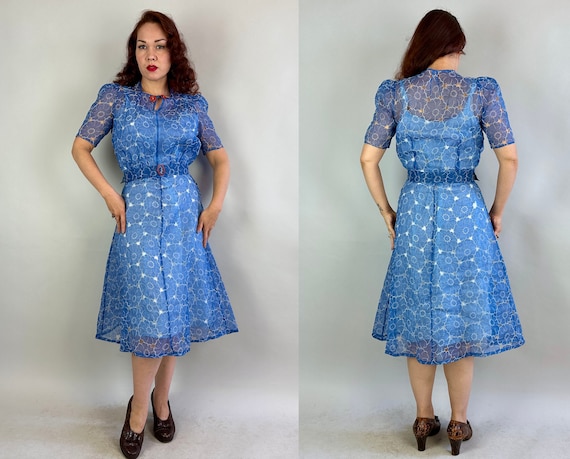 1930s Spring Fling Frock | Vintage 30s Sheer Cornflower Blue White 
