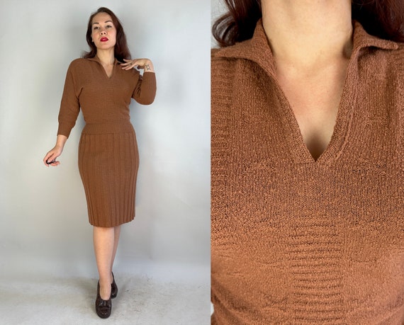 1930s Gingerbread Janet Knit Ensemble | Vintage 30s Spice Brown Wool Dolman Sleeve V-Neck Sweater & Ribbed Skirt Set | Small Medium Large