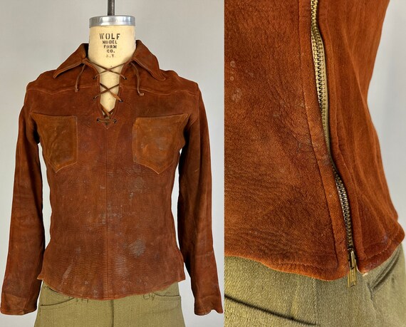 1940s Daniel Boone Pioneer Pullover | Vintage 40s Cinnamon Brown Suede  Leather Shirt with Lace Up Neck Brass Side Zips and Pockets | Medium