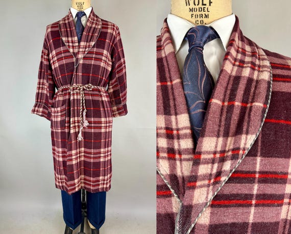1920s Purple Plaid Passion Robe | Vintage 20s Plum White and Red Cotton Acetate Antique Loungewear Smoking Jacket by Beacon | Medium