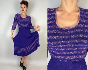 1940s Pleasant Color Pop Knit Dress | Vintage 40s Purple Wool Chenille Knitwear Frock with Pink Zig Zag Stripes | Small Medium Large XL