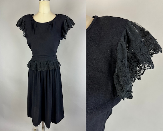 1940s Femme Fatale Frill Frock | Vintage 40s Black Rayon Crepe LBD Dress w/Strong Shoulders Lace Flutter Sleeves and Peplum | Extra Small XS