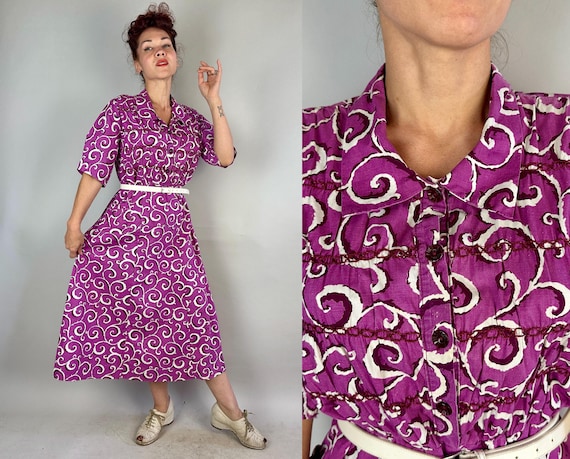 1930s Girl in Swirls Frock | Vintage 30s Orchid Pink with White Swirling Vines Print Cotton Dress with Embroidered Gathers | Extra Large XL