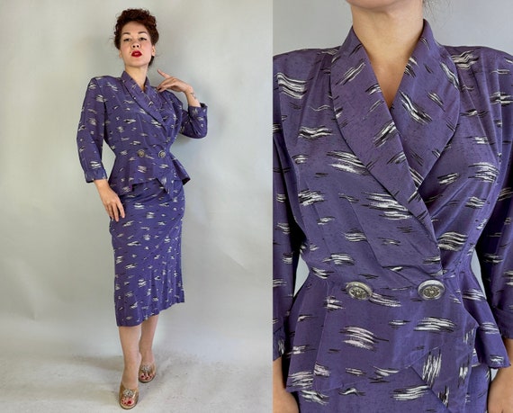 1950s Glamorous Gal Friday Suit | Vintage 50s Purple Silk with Black & White Atomic Streaking Two Piece Peplum Jacket and Skirt Set | Medium