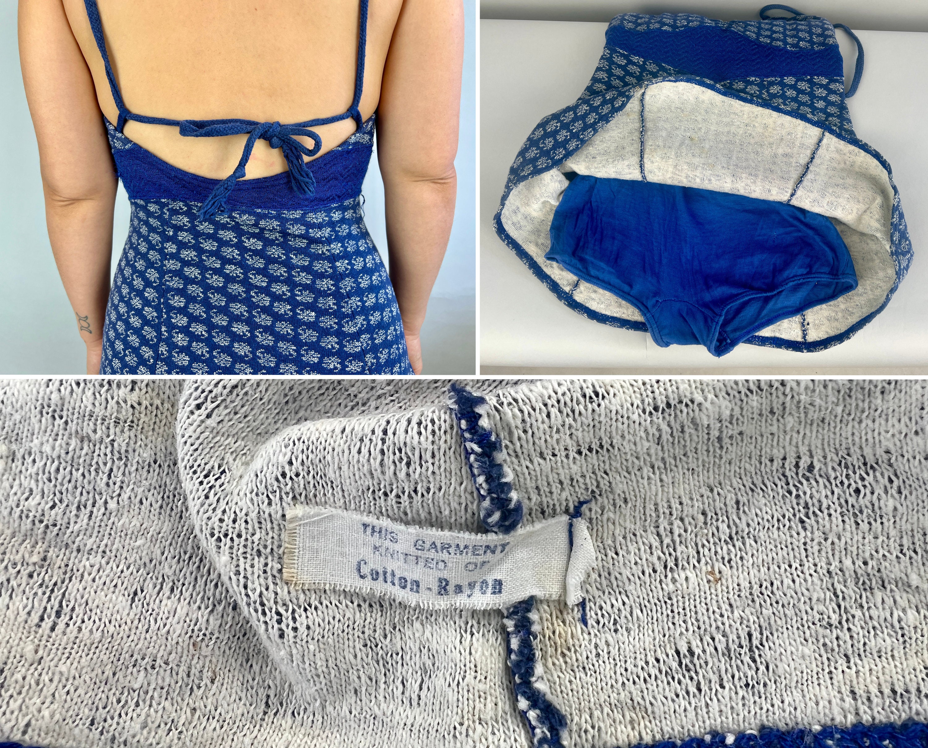 Vintage 50s Daisy Patch Bathing Suit / Blue Swimsuit With White