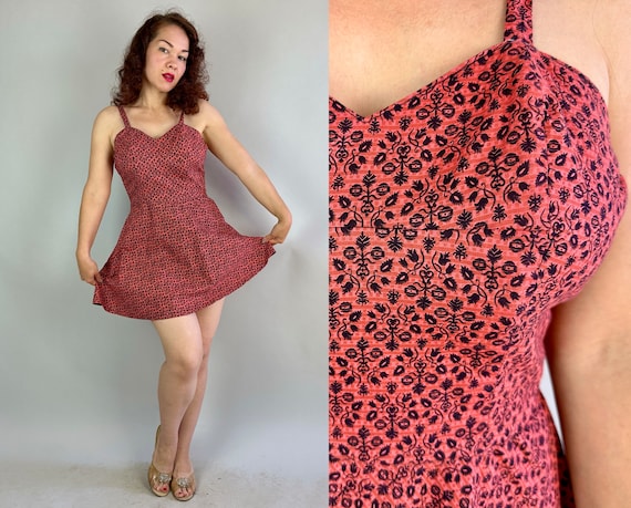 1940s Rompin' Rhonda Romper | Vintage 40s Salmon Pink and Black Floral Cotton Playsuit Sunsuit with Nylon Shorts and Boned Cups | Medium