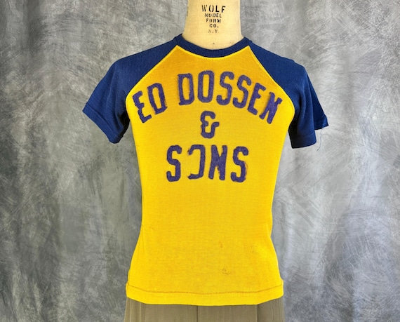 1940s Sporting Spirit Jersey | Vintage 40s Two Tone Blue and Yellow Knit Rayon Jersey Sports Team Shirt with Felt Letter Patches | Small