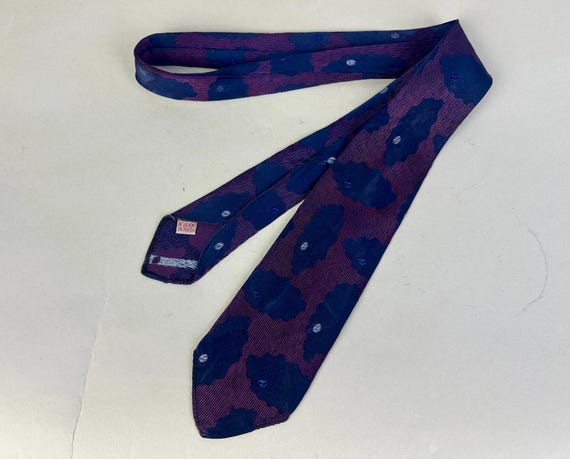 1920s Clouds Roll By Necktie | Vintage 20s Navy Blue Silk Self Tie Cravat with Cloudy Poofs and Purple Rain Storm Brocade Patented 1923!