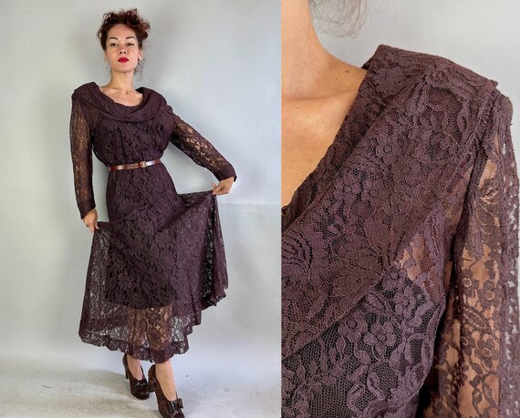 1940s Sweet Decadence Dress | Vintage 40s Chocolate Brown Lace Evening Cocktail Frock w/Shawl Cowl Collar and Peaked Seams | Extra Large XL