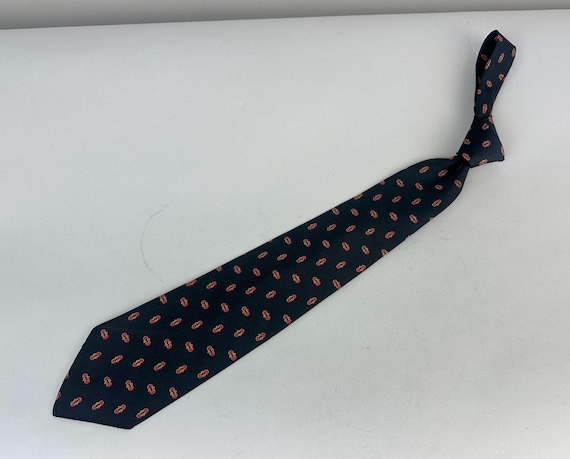 1930s Unlock the Door Necktie | Vintage 30s Black Silk Self Tie Cravat with Pattern of Red and Yellow Skeleton Keyholes