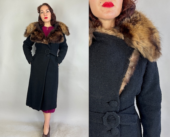 1930s Wrapped in Raccoon Coat | Vintage 30s Black Nubby Wool Deco Overcoat with Big Fur Collar and Octagon Belt Buckle | Small Medium Large