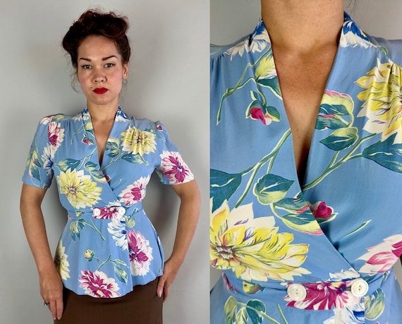 1940s Dahlia Darling Blouse | Vintage 40s Blue Rayon Yellow and Pink Hawaiian Floral Wrap Peplum Shirt with Cat Eye Shell Buttons | Small