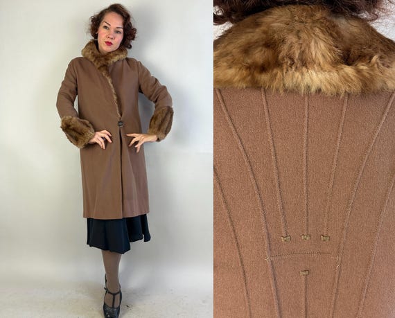 1920s Frenzied Flapper Coat | Vintage 20s Brown Taupe Wool Overcoat w/Fur Collar + Cuffs Deco Button & Sunrise Seaming |Small Extra Small XS