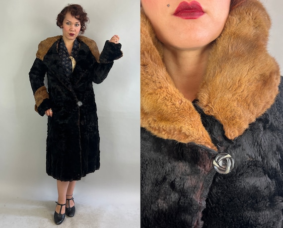 1920s Two Tone Tundra Coat | Vintage 20s Black Sheared Beaver and Brown Mink Fur Cocoon Overcoat with Carved Deco Buttons | Medium Large