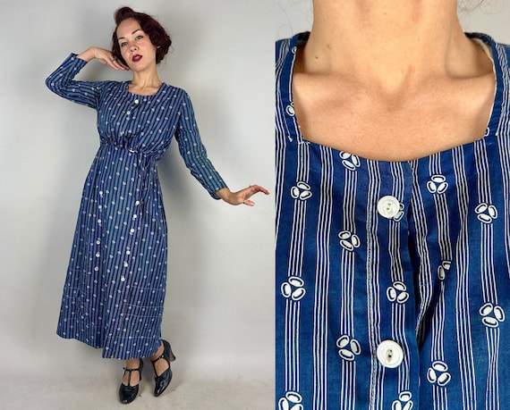 1910s Striped Serenity Dress | Antique Vintage Teens Blue and White Lightweight Cotton Frock with Stripes and Clovers Very Wearable | Small