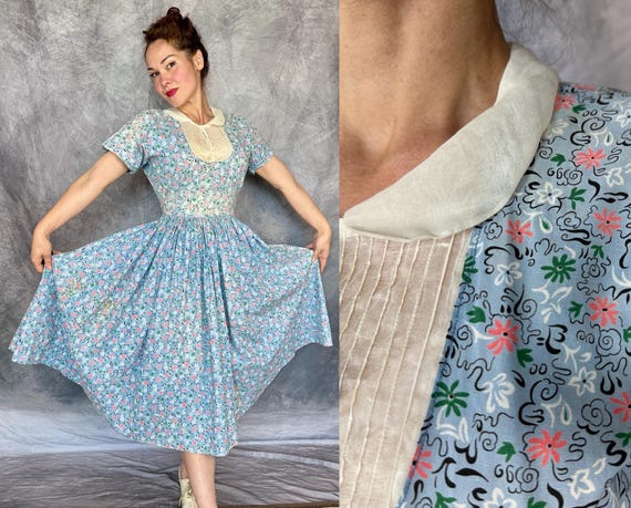 1940s Flowers in the Sky Frock | Vintage 40s Sky Blue Cotton Day Dress with Pink Green & White Floral Print and Peter Pan Collar | Small