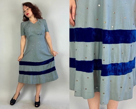 1940s Starlet in Studs Dress | Vintage 40s Dusty Blue Rayon Crepe Cocktail Frock with Midnight Velvet Stripes & Silver Metal Sequins | Small