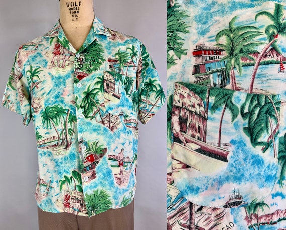 1950s Holiday in Hawaii Shirt | Vintage 50s Rayon Hawaiian Tiki Button Up Shirt in Blue Brown White and Red with Vacation Scenes | Medium