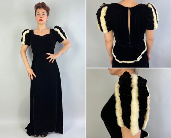 1930s Beautiful Bunny Gown | Vintage 30s Black Silk Velvet and White Rabbit Fur Trim Puff Sleeve Evening Dress w/Back Peplum | Medium