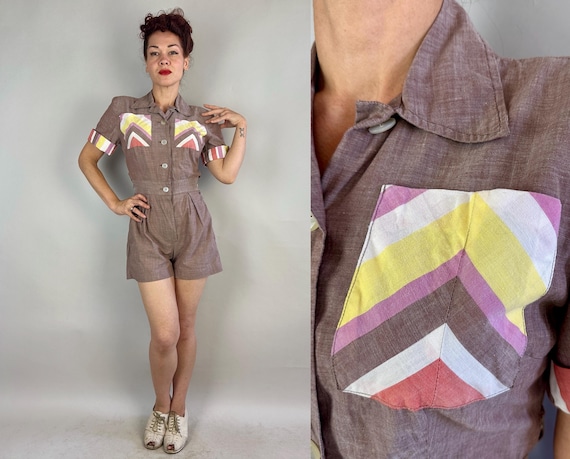 1940s Barbara's Basking Playsuit | Vintage 40s Puce w/Red Purple Yellow White Stripe Cotton Chambray Shirtwaist Romper w/Trap Door | Small