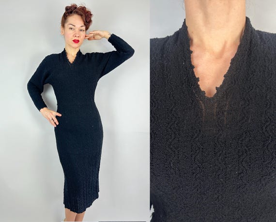 1940s Wiggle in Squiggles Knit Dress | Vintage 40s Black Boucle Wool Form Fitting Curvy Zig Zag Stripe Stitch Frock | Small Medium Large