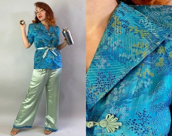 1940s Domestic Goddess Lounge Set | Vintage 40s Three Piece Teal and Mint Green Silk + Brocade Jacket Top Sash & Pants | Small Medium