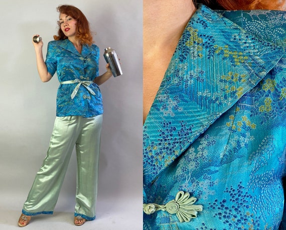 1940s Domestic Goddess Lounge Set | Vintage 40s Three Piece Teal and Mint Green Silk + Brocade Jacket Top Sash & Pants | Small Medium