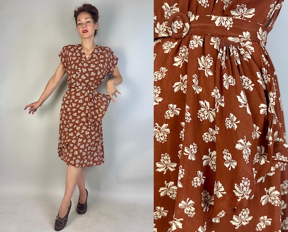 1940s Boutonniere of Bows Dress | Vintage 40s Brown & White Ribbon Print Semi-Sheer Rayon Frock w/Hip Swag Peplum and Belt | Medium/Large