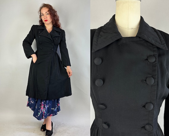 1940s Ruthless Raven Princess Coat | Vintage 40s Double Breasted Overcoat in Black Wool Gabardine with Full Skirt | Small Extra Small XS