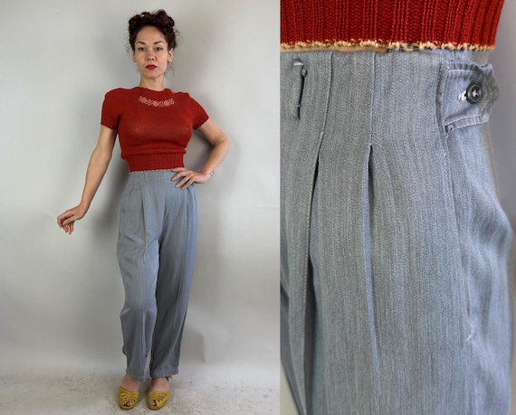 1940s Carefree Catherine Slacks | Vintage 40s Stone Grey Rayon Gabardine Hollywood Waist Dropped Belt Loops Side Zip Trousers Pants | Small