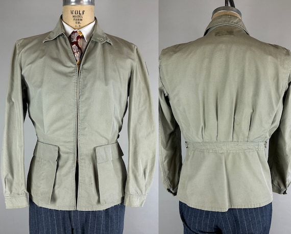 1930s Slope Slider Ski Jacket | Vintage 30s Khaki Wind and Water Repellant Cotton Belted Back Sportswear Casual Short Coat | Small/Medium