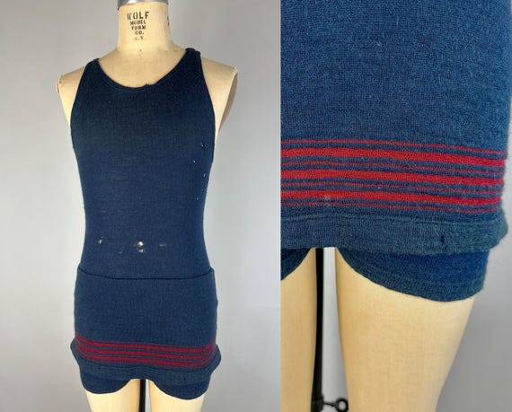 1920s Tommy Two Tone Swimsuit | Vintage Antique 20s Navy Blue Wool Knit One Piece Bathing Suit Swimwear with Red Stripes | Small Medium