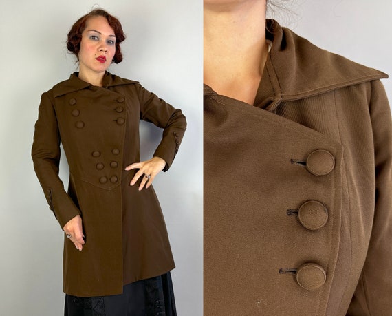 1910s Tantalizing Teens Jacket | Vintage Antique Edwardian Brown Wool Asymmetric Double Breasted Coat with Pleats & Buttons Galore | Medium