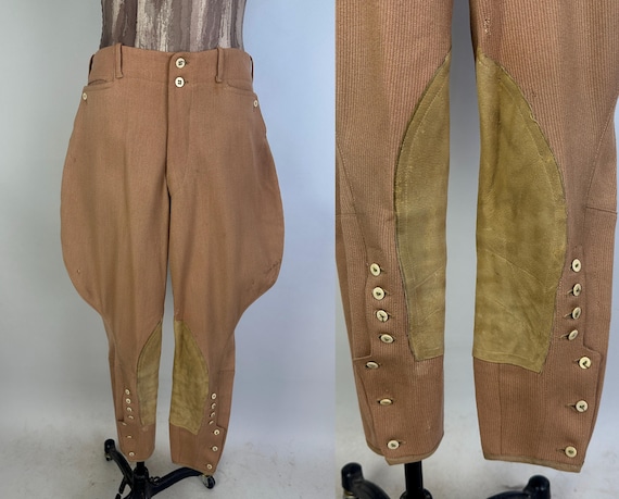 1930s Roos Bros Riding Pants | Vintage 30s Camel Brown Ribbed Wool Jodhpurs Trousers with Button Up Suede Calves | 32" Waist Medium