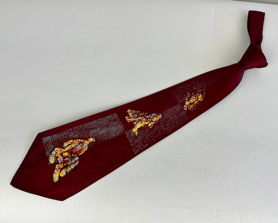 1930s Rollover Rover Necktie | Vintage 30s Ox Blood Red Rayon Diamond Weave Self Tie Cravat with Hand Painted Dog in Different Poses