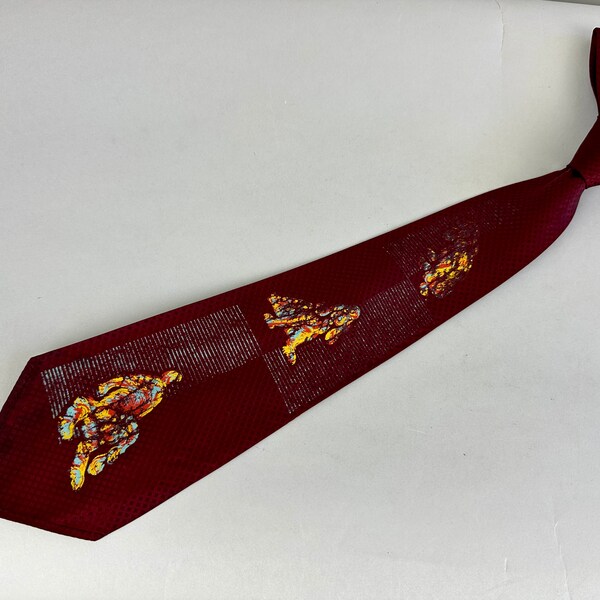 1930s Rollover Rover Necktie | Vintage 30s Ox Blood Red Rayon Diamond Weave Self Tie Cravat with Hand Painted Dog in Different Poses