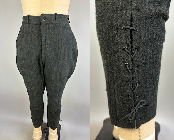 1930s Jaunty Jodhpurs | Vintage 30s Charcoal Grey Subtle Stripe Wool Riding Breeches with Lace Up Calves and Button Fly | 31" Waist Medium