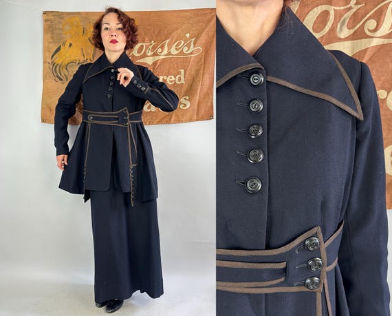 1910s Proud and Pretty Walking Suit | Vintage Antique Teens Black Wool with Bronze Trim Art Nouveau Jacket & Skirt Set | Extra Large XL