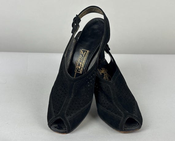 1940s Sassy Stroll Slingbacks | Vintage 40s Black Suede Leather with Perforated Vamp High Heel Shoes with Peep Toes and Buckle | Size US 7