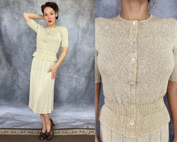 1940s Siren Song Knit Dress Set | Vintage 40s White Sand Rayon Boucle Knit 2-Piece Cardigan Top Blouse and Rib Stripe Skirt | Small Medium