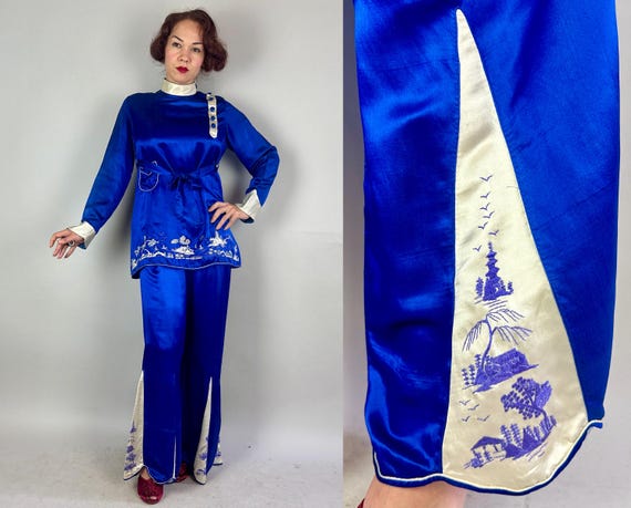 1920s Lady of Leisure Lounge Set | Vintage 20s Cobalt Blue and White Silk w/Purple Asian Embroidery Pants Belt and Top Three-Piece | Large