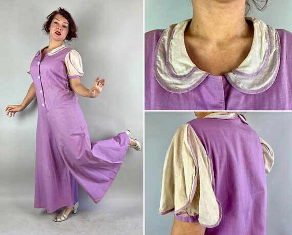 1920s Jazz Baby Beach Pajamas | Vintage 20s Purple and White Cotton One Piece Romper with Lantern Sleeves Wide Legs & Shell Buttons | Large