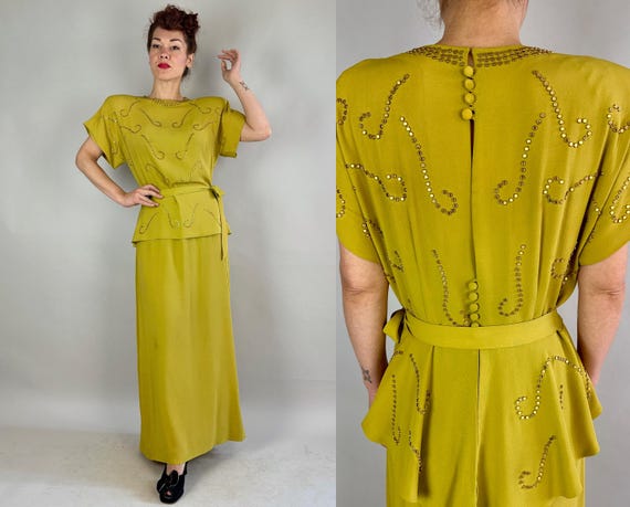 1940s Charming Chartreuse Gown | Vintage 40s Rayon Crepe Floor Length Dress with Gold Studs Keyhole Back Peplum and Belt | Extra Large XL