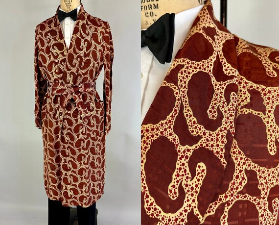 1930s Sexy Safari Smoking Jacket | Vintage 30s Brown and Yellow Giraffe Paisley Print Rayon Lounge Robe w/Self Tie Belt | Small Medium Large