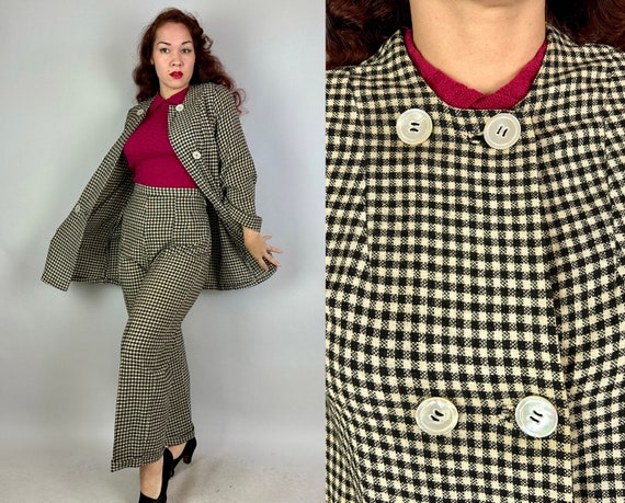 1930s Plucky Plaid Pants Suit | Vintage 30s Black & White Border Tartan Wool Double Breasted Jacket and Side Zip Trousers Set | Medium/Large
