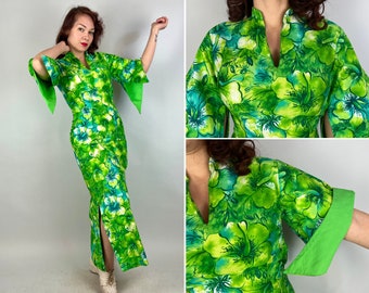 1950s Hawaiian Hibiscus Pake Muu | Vintage 50s Combed Cotton Shades of Green Floral Tiki Gown Dress with Peak Sleeves and Slits | Small