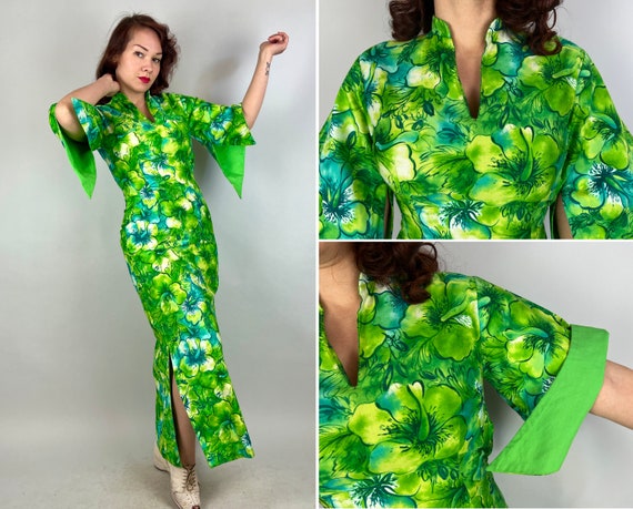 1950s Hawaiian Hibiscus Pake Muu | Vintage 50s Combed Cotton Shades of Green Floral Tiki Gown Dress with Peak Sleeves and Slits | Small