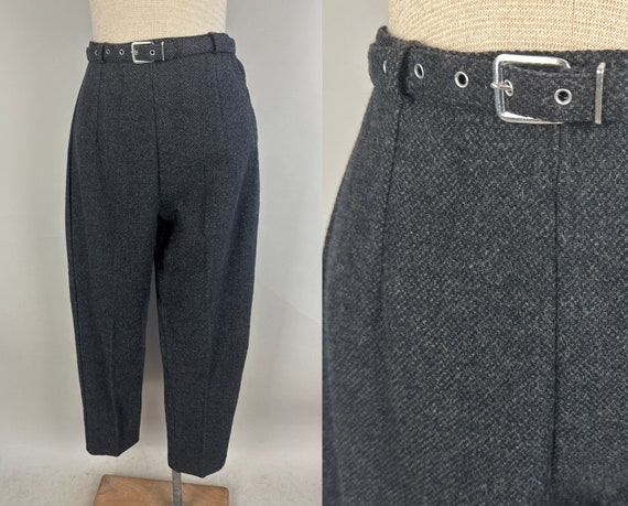 1950s Terrific Two Piece Trousers | Vintage 50s Grey Wool Ladies Cigarette Pants with High Waist Matching Belt and Side Zip | Extra Small XS