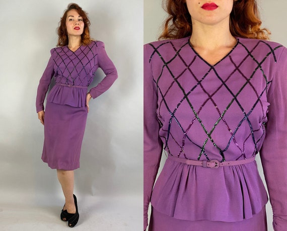 1940s Mardi Gras Mabel Dress | Vintage 40s Purple Rayon Crepe Half Peplum Frock with Harlequin Gelatin Sequins and Matching Belt | Medium