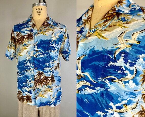 1950s Surrounded by Sea Gulls Shirt | Vintage 50s Blue Brown and Yellow Silky Rayon Hawaiian with Novelty Planes & Palm Trees | Medium Large